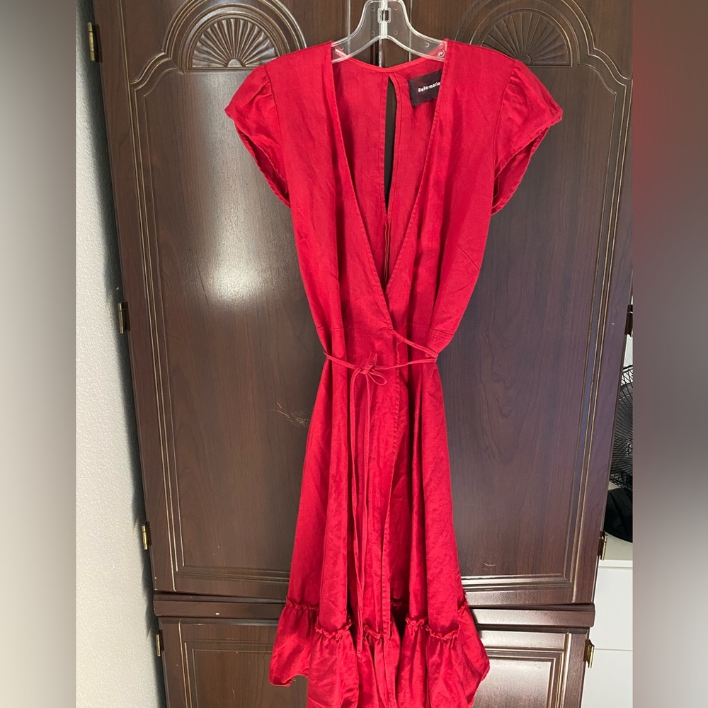Reformation Wrap Dress in Red Linen